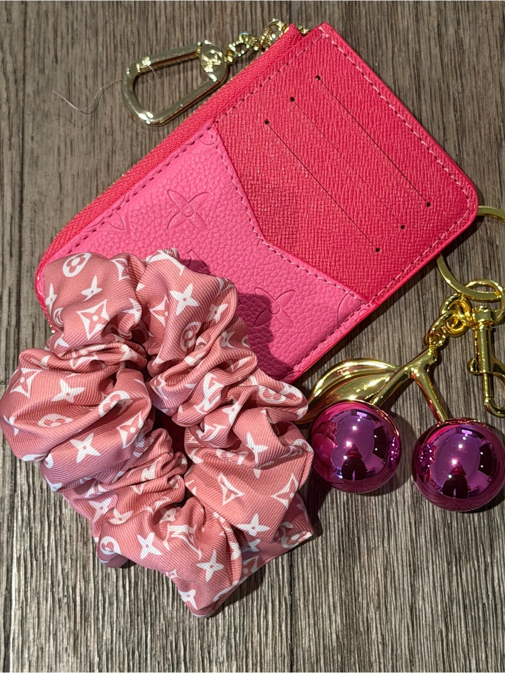 Pink Designer-Style Card Holder with Pink Logo Scrunchie & 🍒’s